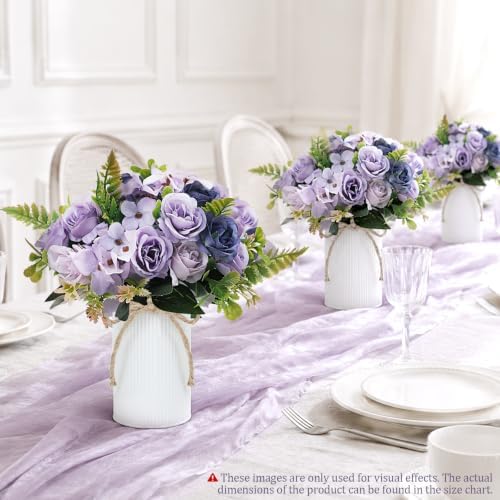 Dining Table Centerpiece Sets 3 Artificial Rose Bouquet with Vase - Farmhouse 6 Pcs Silk Flowers and 3 Pcs Metal, alternate