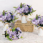Dining Table Centerpiece Sets 3 Artificial Rose Bouquet with Vase - Farmhouse 6 Pcs Silk Flowers and 3 Pcs Metal, alternate