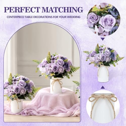 Dining Table Centerpiece Sets 3 Artificial Rose Bouquet with Vase - Farmhouse 6 Pcs Silk Flowers and 3 Pcs Metal, alternate