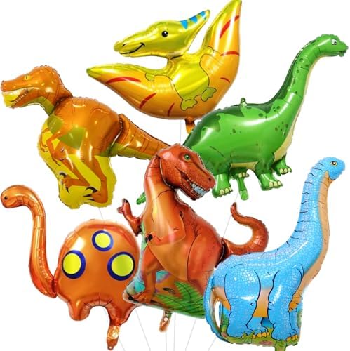 Dinosaur Foil Balloons Set (35-50 In), 6 Pieces Large Dinosaur Mylar Helium Balloons for Kids, Giant Cute Dino