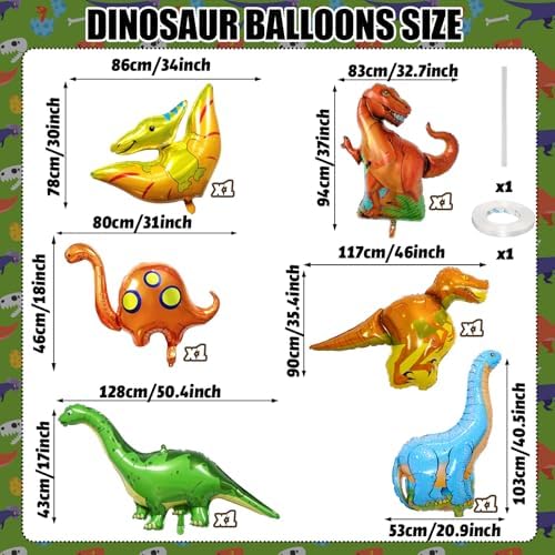 Dinosaur Foil Balloons Set (35-50 In), 6 Pieces Large Dinosaur Mylar Helium Balloons for Kids, Giant Cute Dino, alternate