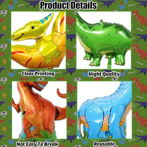 Dinosaur Foil Balloons Set (35-50 In), 6 Pieces Large Dinosaur Mylar Helium Balloons for Kids, Giant Cute Dino, alternate