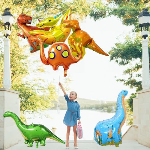 Dinosaur Foil Balloons Set (35-50 In), 6 Pieces Large Dinosaur Mylar Helium Balloons for Kids, Giant Cute Dino, alternate