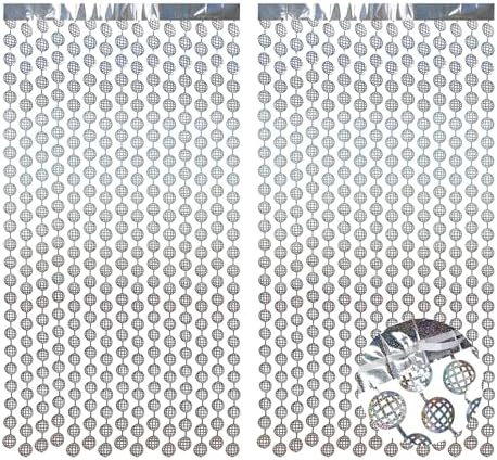 Disco Hanging Balls Fringe Backdrop - 2 Pack Silver Tinsel Foil Curtains Streamers for