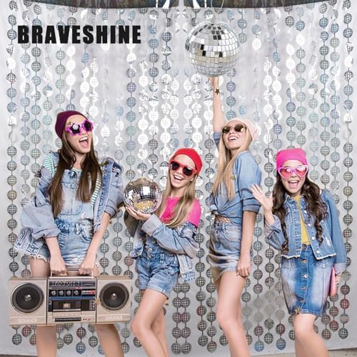 Disco Hanging Balls Fringe Backdrop - 2 Pack Silver Tinsel Foil Curtains Streamers for, alternate view 5