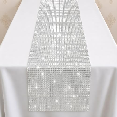 Disco Party Decorations - Glitter Disco Table Runner | Retro 70s 80s Disco Ball Decor Indoor Outdoor - Silver