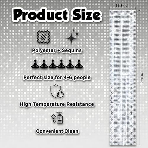 Disco Party Decorations - Glitter Disco Table Runner | Retro 70s 80s Disco Ball Decor Indoor Outdoor - Silver, alternate view