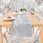 Disco Party Decorations - Glitter Disco Table Runner | Retro 70s 80s Disco Ball Decor Indoor Outdoor - Silver, alternate view