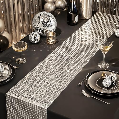 Disco Party Decorations - Glitter Disco Table Runner | Retro 70s 80s Disco Ball Decor Indoor Outdoor - Silver, alternate view