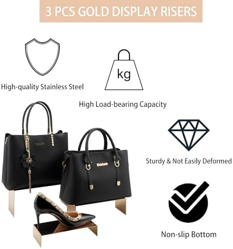 Display Risers Stainless Steel 3PCS Metal Golden Display Riser Stand Shoe Bag Holder Display Riser Shelf, alternate view 6