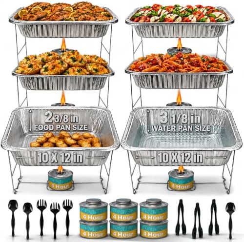 Disposable Chafing Dish Buffet Set, 6 Pack Half Size 10 x 12 Inch Food Pans in 10 x 12 Inch in Chrome