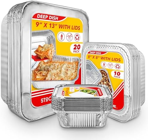 Disposable Foil Pans with Lids (Set of 40) Heavy Duty Aluminum Pans with Lids (20) 9x13, (10) 8x8, (10) 1-Lb