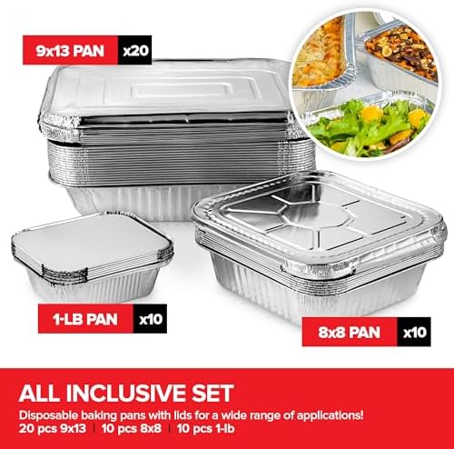 Disposable Foil Pans with Lids (Set of 40) Heavy Duty Aluminum Pans with Lids (20) 9x13, (10) 8x8, (10) 1-Lb, alternate view