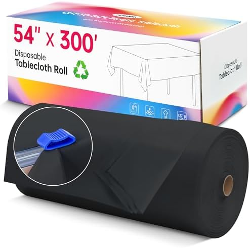 Disposable Table Cloth Plastic, 54In x 300Ft Black Plastic Tablecloth Roll in 54" x 3600" (Rectangular) in Black