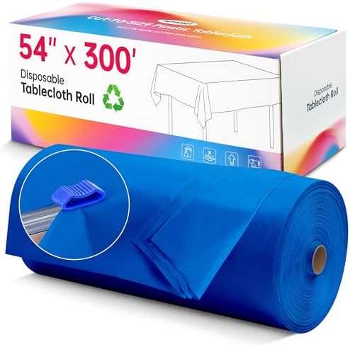 Disposable Tablecloth Roll, 54In x 300Ft Plastic Table Cloth Disposable in 54" x 3600" (Rectangular) in Blue