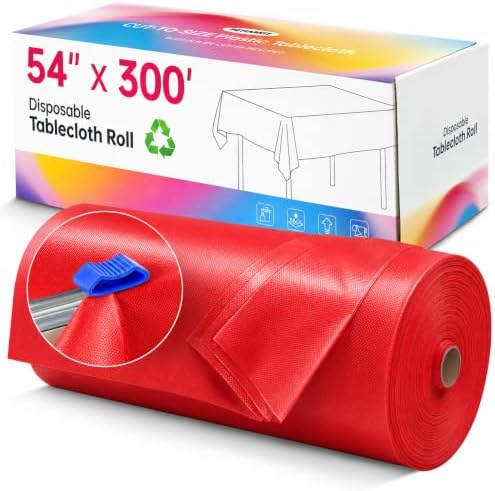 Disposable Tablecloth Roll, 54In x 300Ft Red Plastic Table Cloth Disposable in 54" x 3600" (Rectangular) in Red