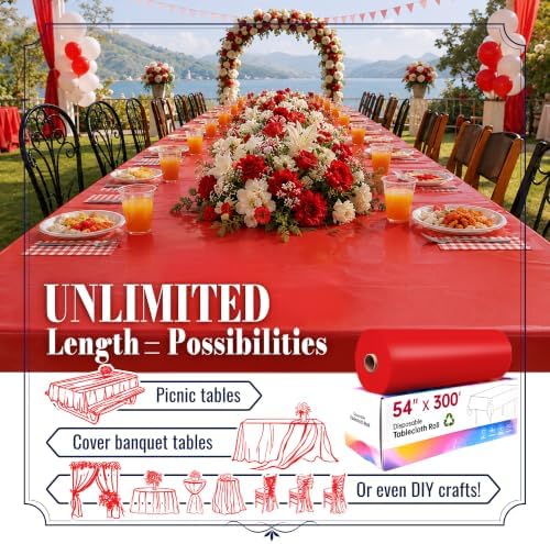 Disposable Tablecloth Roll, 54In x 300Ft Red Plastic Table Cloth Disposable in 54" x 3600" (Rectangular) in Red, alternate