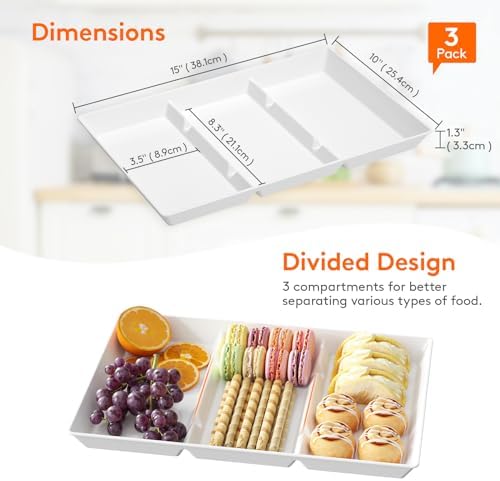 Divided Serving Tray for Party, 3 Pack Plastic Food Serving Platter in 15" x 10" x 1.3" in White, alternate view 3