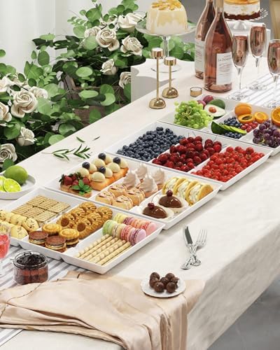 Divided Serving Tray for Party, 8 Pack Plastic Food Serving Platter in 15" x 10" x 1.3" in White, alternate view 2