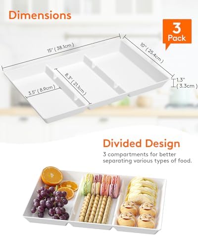 Divided Serving Tray for Party, 8 Pack Plastic Food Serving Platter in 15" x 10" x 1.3" in White, alternate view 3