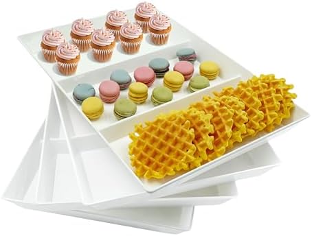 Divided Serving Tray Platter, 4 Pack 15" x 10" Fruit Veggie Food Tray for Party, Plastic Serving Trays for