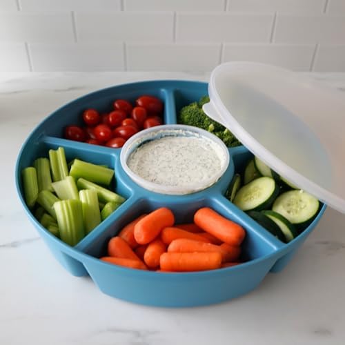 Divided Serving Tray with Airtight Lid, 6 Compartments, Blue in Arctic Blueberry - Clear Lid, alternate view 2