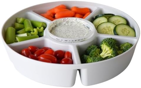 Divided Serving Tray with Airtight Lid, 6 Compartments, White in White - Clear Lid