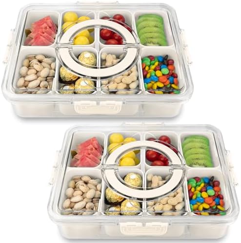 Divided Serving Tray with Lid and Handle, 8 Compartment Snack Box, Portable Snack Platter for Fruits, Veggies
