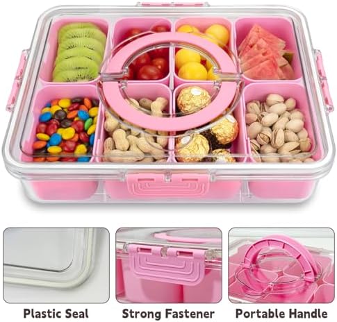Divided Serving Tray with Lid and Handle,8 Compartments Snacks Box, Snack Fruit Tray, Veggie Tray, Portable, alternate view 4