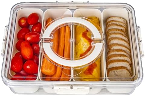 Divided Serving Tray with Lid and Handle - Snackle Box Charcuterie Container for Portable Snack Platters - Clear
