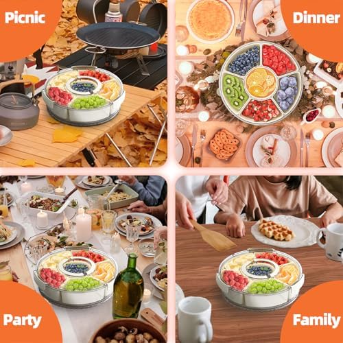 Divided Serving Tray with Lid and Handle, Stackable Snackle Box Container for Fruits Candy Organizer, Portable, alternate