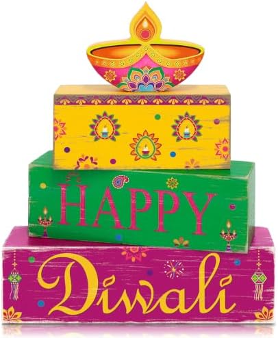 Diwali Decorations for Home, Happy Diwali Wooden Block Table Centerpieces