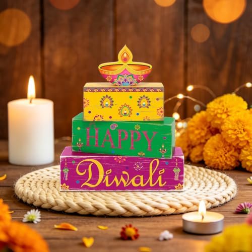 Diwali Decorations for Home, Happy Diwali Wooden Block Table Centerpieces, alternate view 2