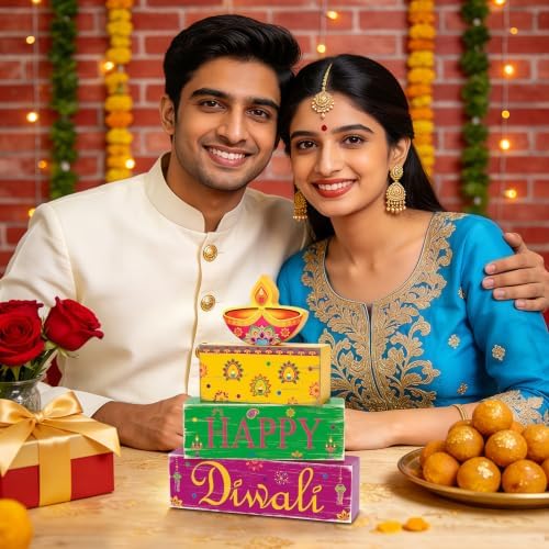 Diwali Decorations for Home, Happy Diwali Wooden Block Table Centerpieces, alternate view 6