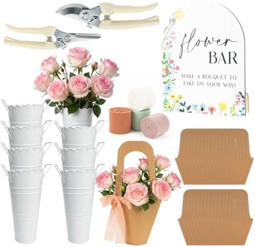 DIY Bloom Flower Buckets Bar Supplies Set, 45 Pcs Complete Bouquet Bags kit in White
