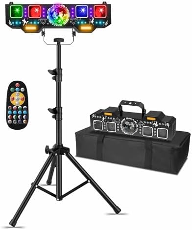 DJ Light with Stand,7IN1 DJ Disco Party Light with Stand&Carry Bag RGB Par Lights, Rotating Ball, Strobe, UV