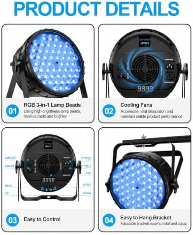 DJ Lights, 54 x 3W RGB LED Stage Par Lights, DMX/Sound(LPC015,4P) in Black, alternate view 6