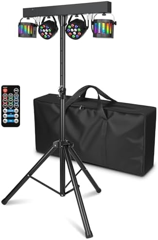 DJ Lights with Stand, Rechargeable Battery Powered Stage Light System, 4-in-1 Party Bar Light Package, Sound