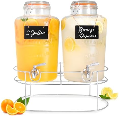 Double Glass Beverage Dispenser with Stand, 2 Gal Each - Flip Top