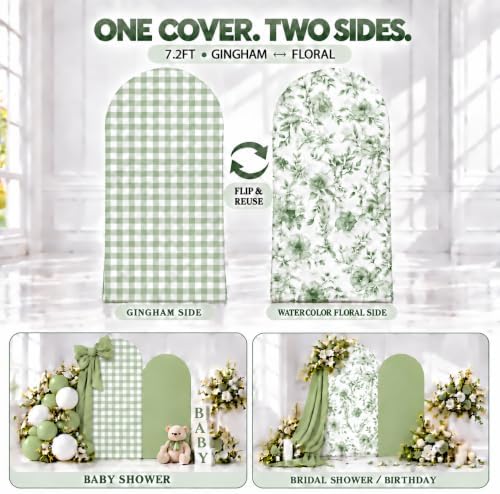 Double-Sided Gingham & Floral Arch Backdrop Covers, Green, 7.2 & 6 ft in 7.2FT & 6FT in Green, alternate view 2