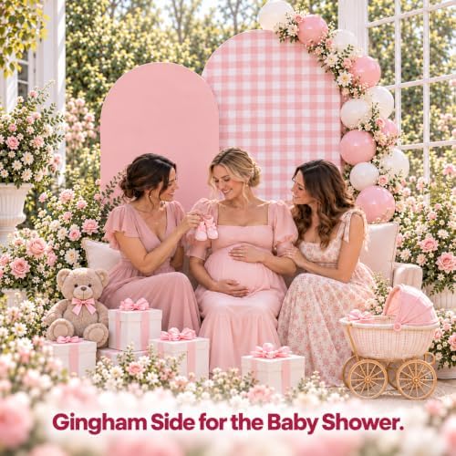 Double-Sided Gingham & Floral Arch Backdrop Covers, Pink, 7.2 & 6.6 ft in 7.2FT & 6.6FT in Pink, alternate view 4