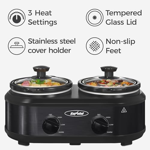 Double Slow Cooker,2 Pot Small Mini Crock Buffet Servers and Warmer, Dual Pot Oval Manual Slow Cooker with, alternate view 3
