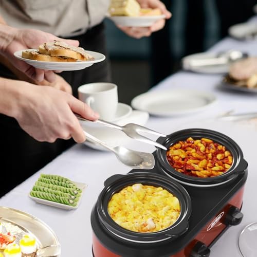 Double Slow Cooker,2 Pot Small Mini Crock Buffet Servers and Warmer, Dual Pot Oval Manual Slow Cooker with, alternate view 2
