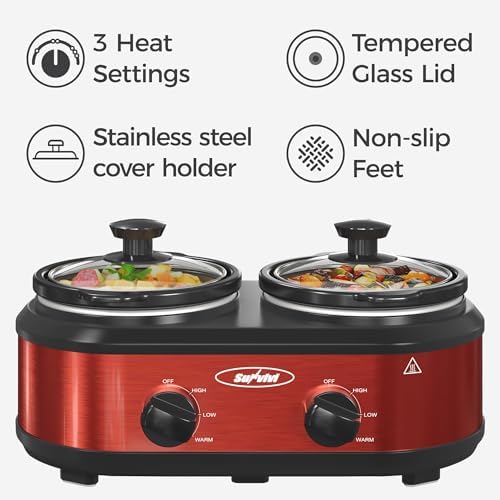 Double Slow Cooker,2 Pot Small Mini Crock Buffet Servers and Warmer, Dual Pot Oval Manual Slow Cooker with, alternate view 3