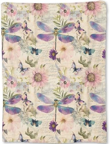 Dragonfly Blanket - Retro Butterfly Floral Pastel Fleece Throw, Gifts for Kids Women, Soft & Warm, Lightweight