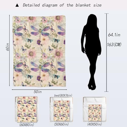 Dragonfly Blanket - Retro Butterfly Floral Pastel Fleece Throw, Gifts for Kids Women, Soft & Warm, Lightweight, alternate
