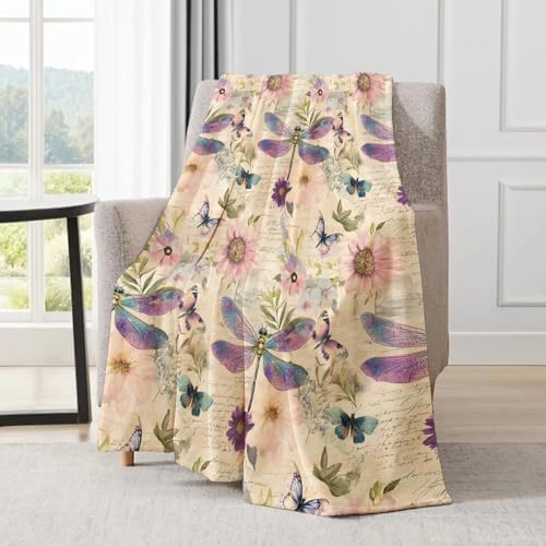 Dragonfly Blanket - Retro Butterfly Floral Pastel Fleece Throw, Gifts for Kids Women, Soft & Warm, Lightweight, alternate