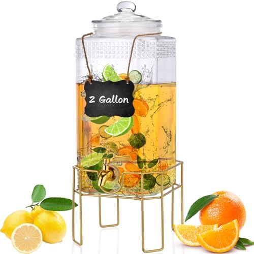 Drink Dispenser,2 Gallon Drink Dispensers for Parties, Beverage Dispenser with Stand, Glass Lid and Stainless