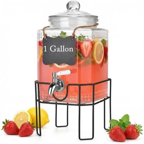 Drink Dispenser, Drink Dispensers for Parties, 1 Gallon Glass Beverage Dispenser with Stand and Glass Lid, 100%