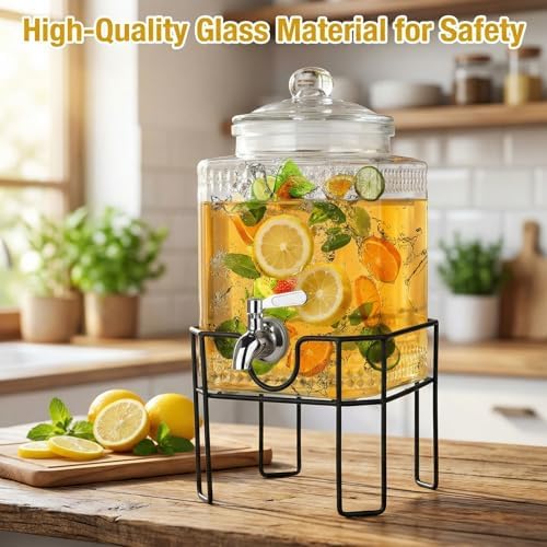 Drink Dispenser, Drink Dispensers for Parties, 1 Gallon Glass Beverage Dispenser with Stand and Glass Lid, 100%, alternate